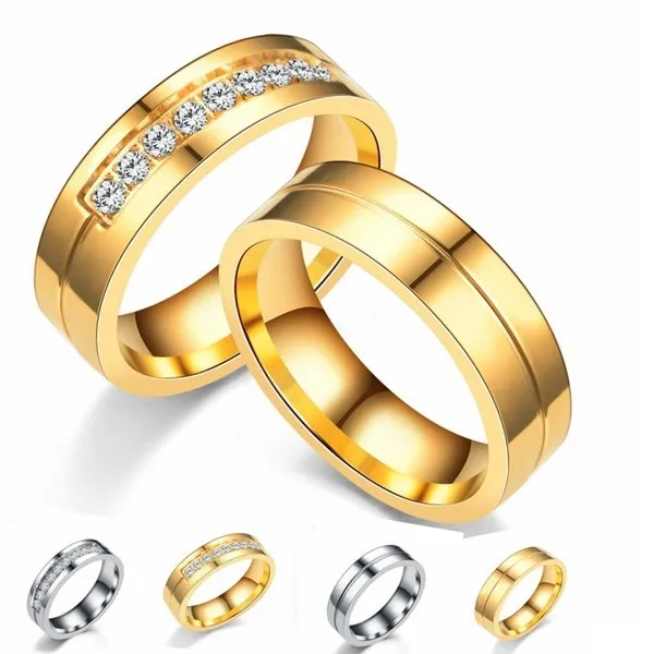 Bague en acier inoxydable avec zircon, design simple et élégant pour couple