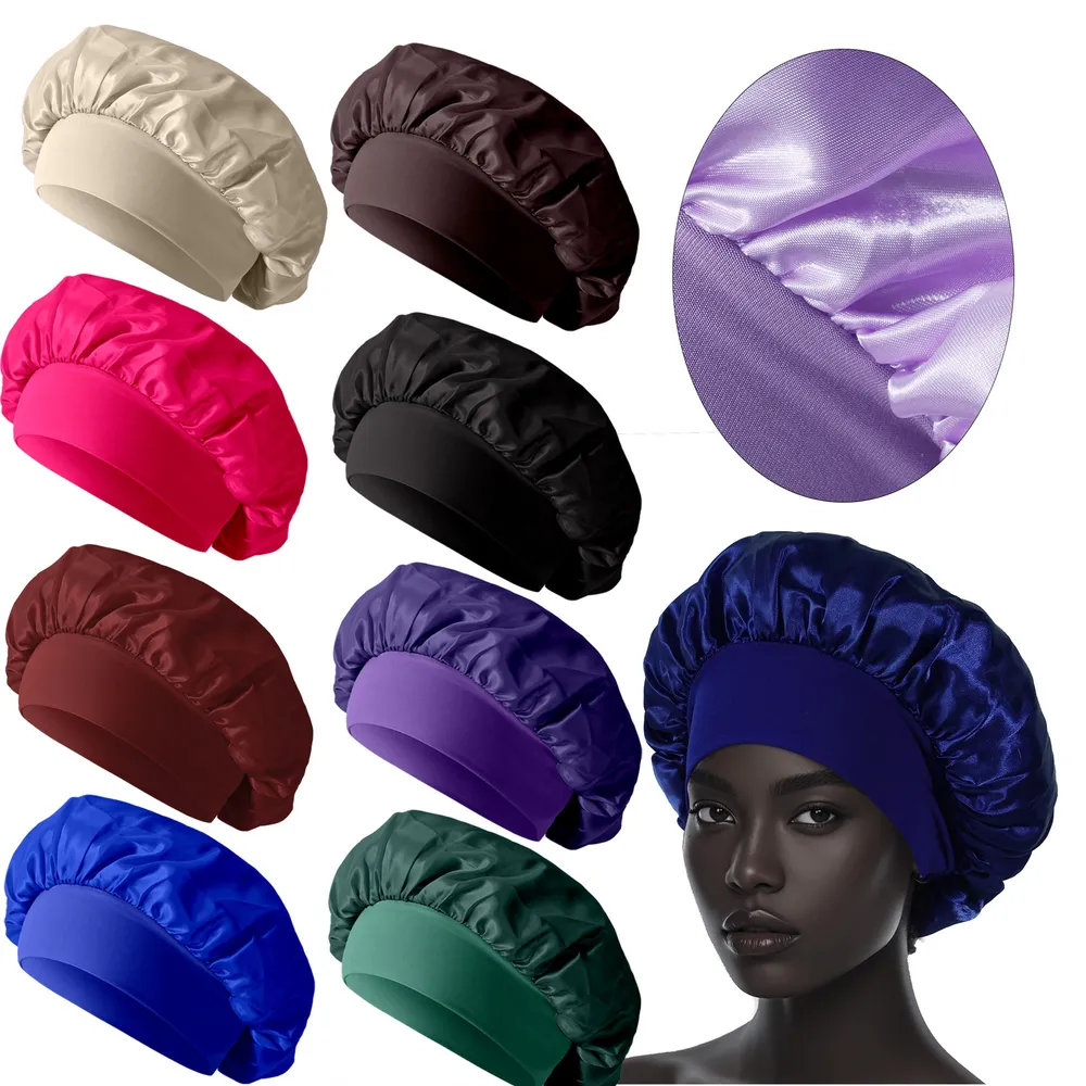 Bandeau turban élastique large en simili soie, bonnet de nuit femme