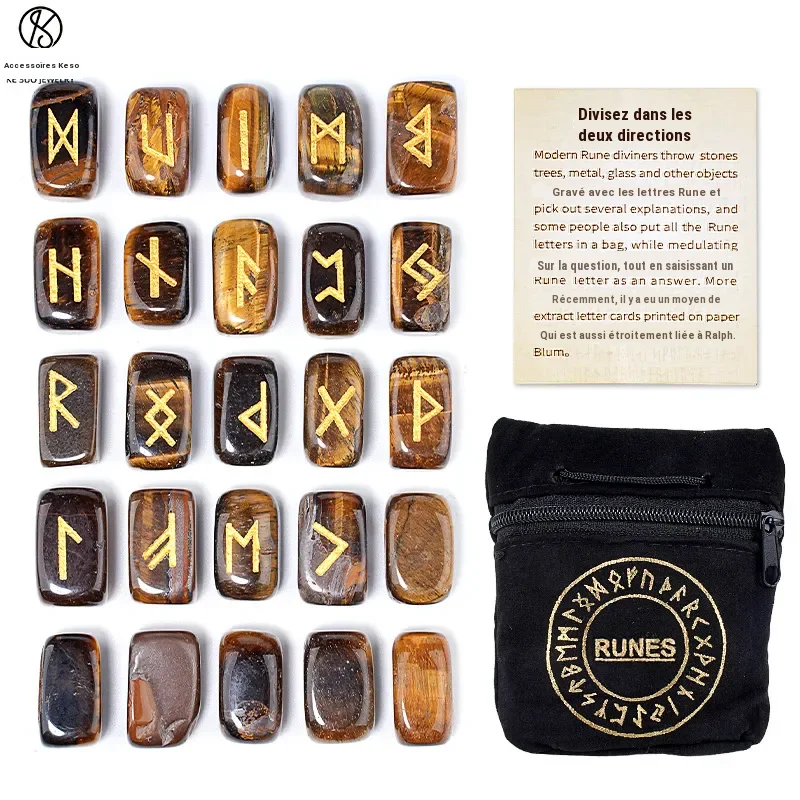 Ensemble de 25 runes en pierre naturelle gravées, coffret de divination