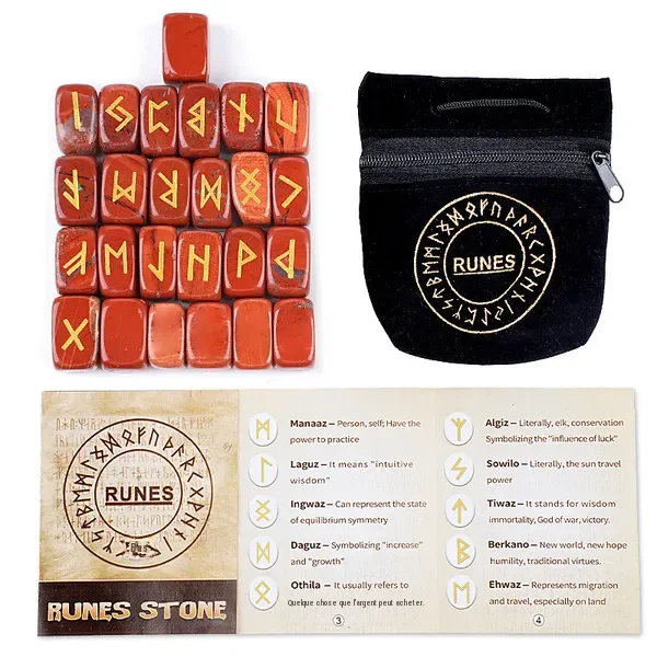 Ensemble de 25 runes en pierre naturelle gravées, coffret de divination