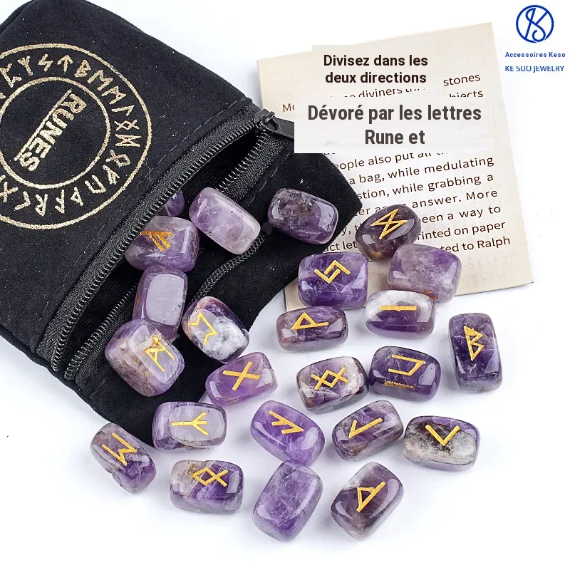 Ensemble de 25 runes en pierre naturelle gravées, jeu de divination