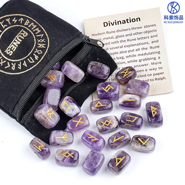 Ensemble de 25 runes en pierre naturelle gravées, jeu de divination
