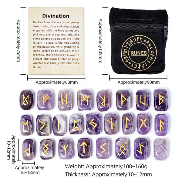 Ensemble de 25 runes en pierre naturelle gravées, jeu de divination