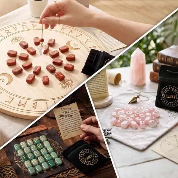 Ensemble de 25 runes en pierre naturelle gravées, jeu de divination