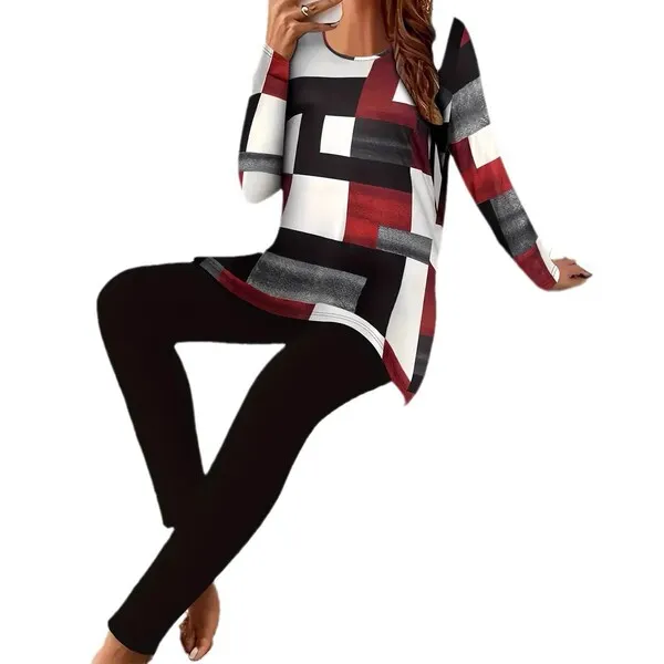 Ensemble yoga femme : t-shirt manches longues col rond + legging imprimé 3D