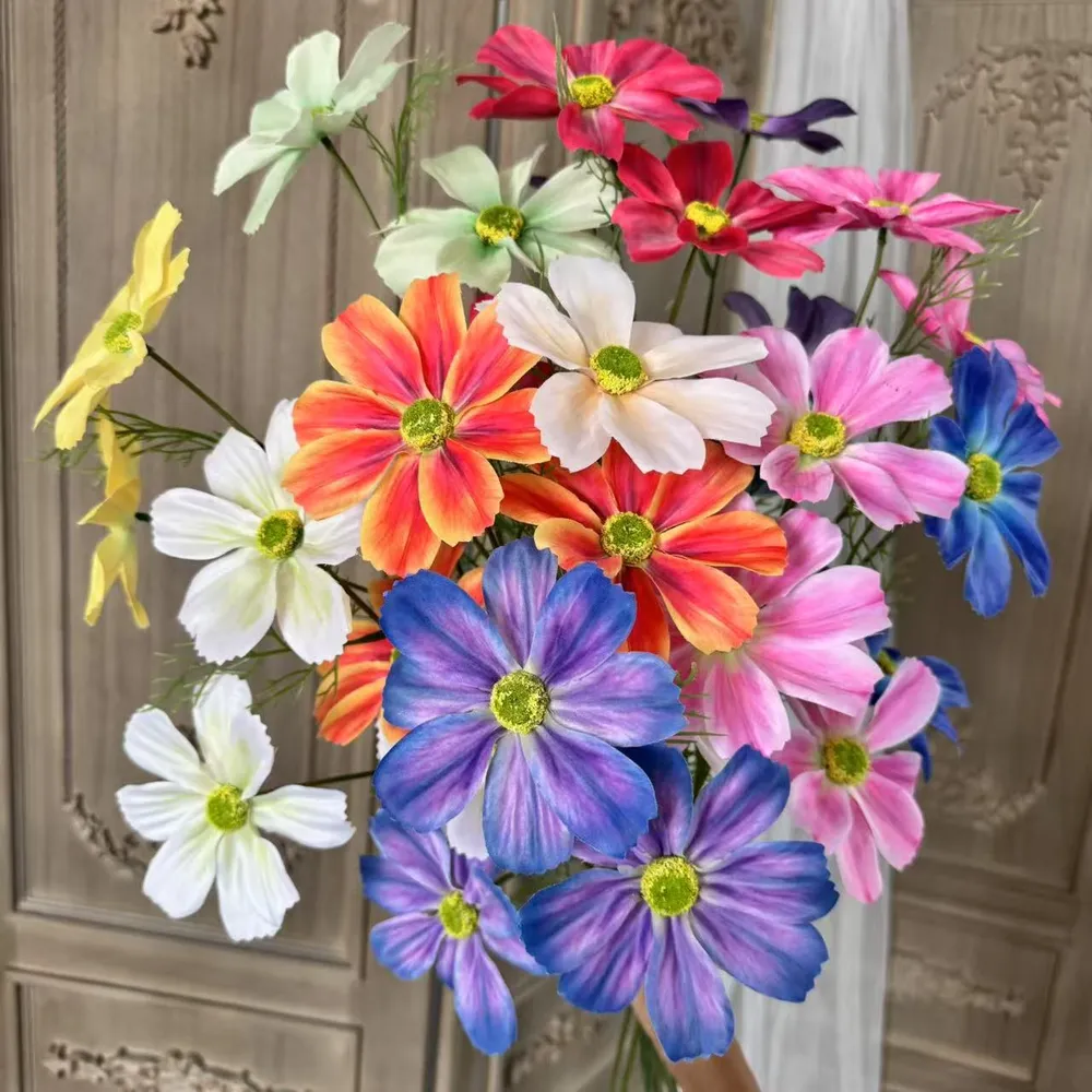 Fleurs artificielles de cosmos à 3 têtes pour mariage, décoration maison et photo