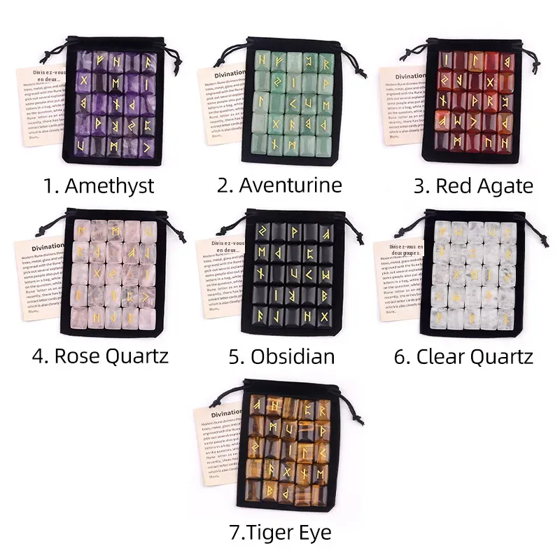 Jeu de 25 runes en pierre naturelle gravées pour divination et méditation