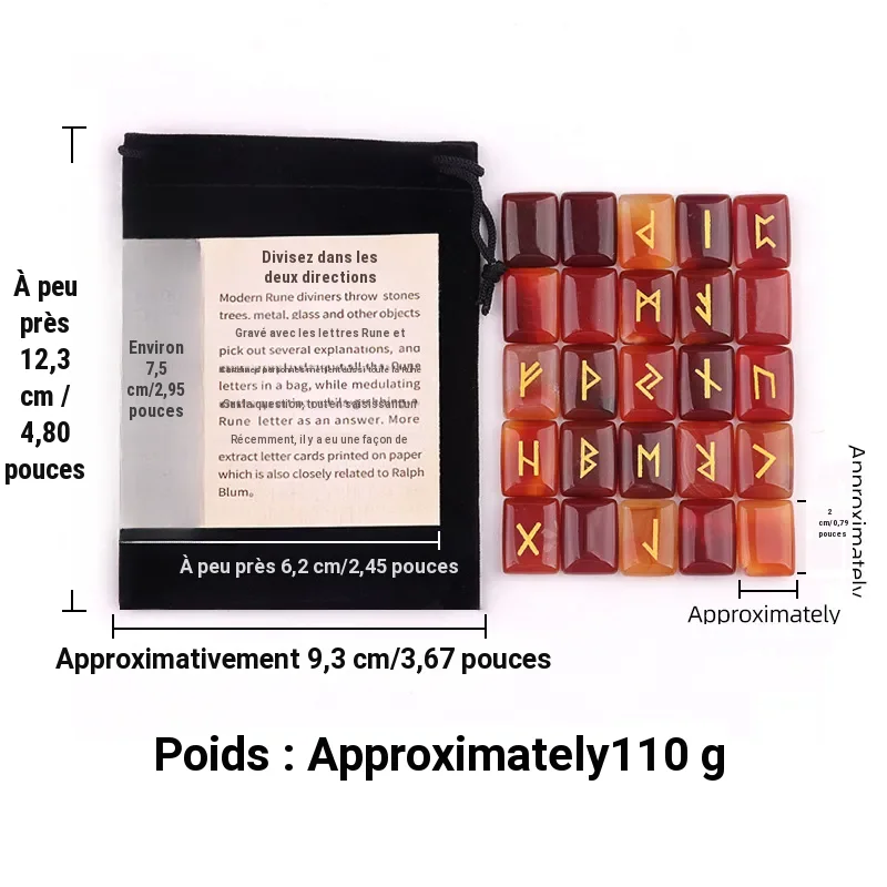 Jeu de 25 runes en pierre naturelle gravées pour divination et méditation