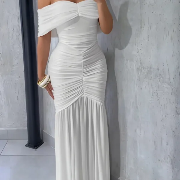 Robe de soirée épaules dénudées à plis, jupe sirène en polyester