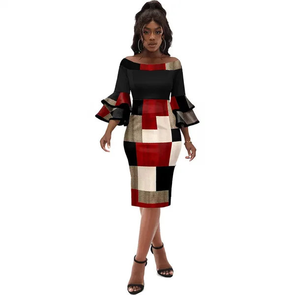 Robe élégante à manches volantées imprimé floral, coupe droite mi-longue