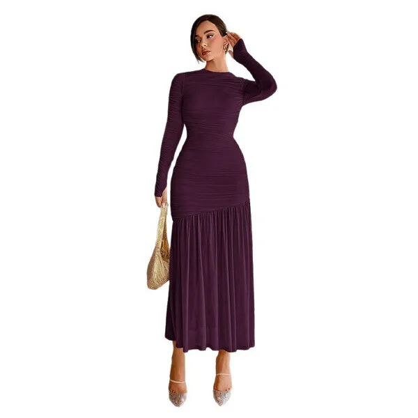 Robe en dentelle élégante col rond manches longues coupe fluide