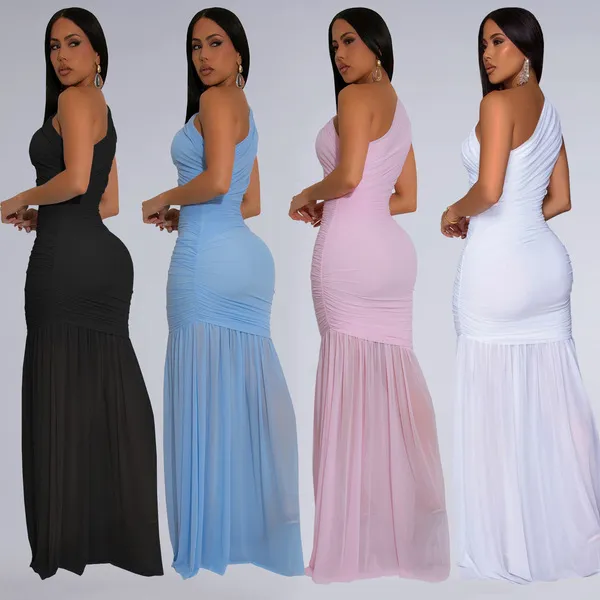 Robe femme sans manches à épaule dénudée en maille transparente, coupe ajustée
