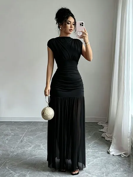 Robe longue en tulle cintrée à manches bouffantes pour femme