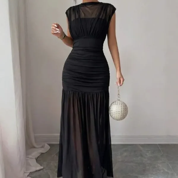 Robe longue en tulle cintrée à manches bouffantes pour femme