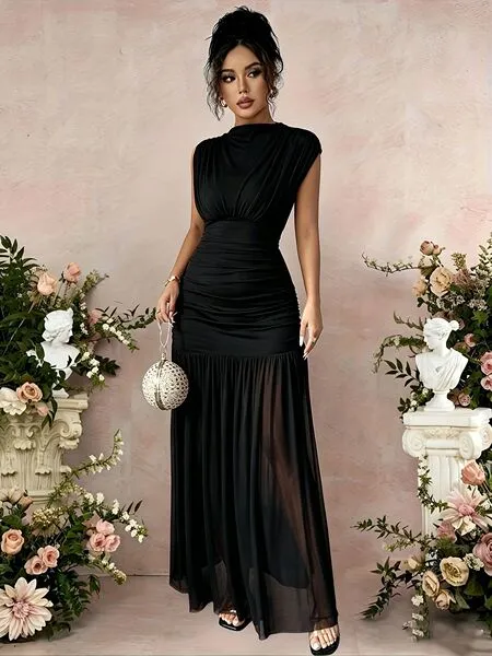 Robe longue en tulle cintrée à manches bouffantes pour femme