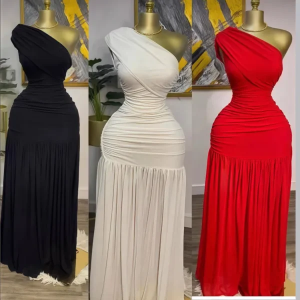 Robe longue sans manches col oblique coupe slim unie avec fente