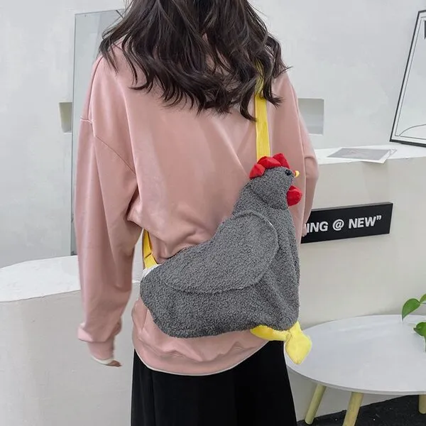 Sac à bandoulière en peluche douce, motif coq original, format moyen