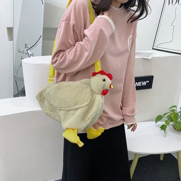 Sac à bandoulière en peluche douce, motif coq original, format moyen