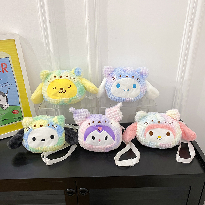 Sac bandoulière peluche Sanrio tie-dye 15 cm, Kuromi et My Melody