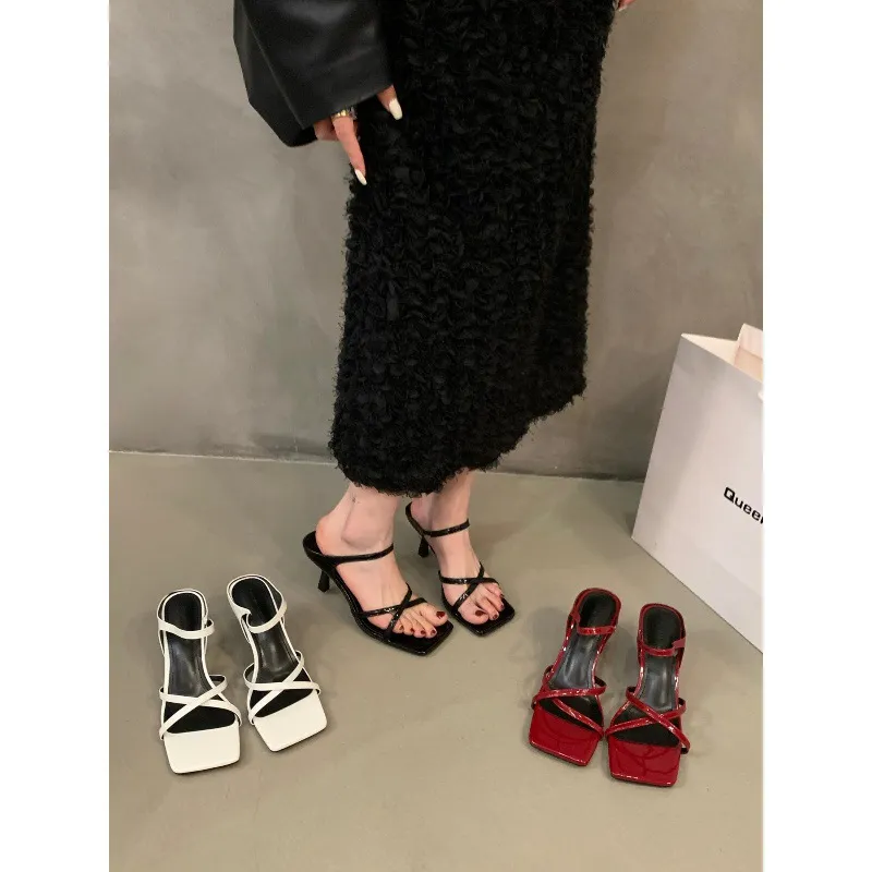 Sandales à talons hauts 6 cm pour femme, bout ouvert, noir ou bordeaux