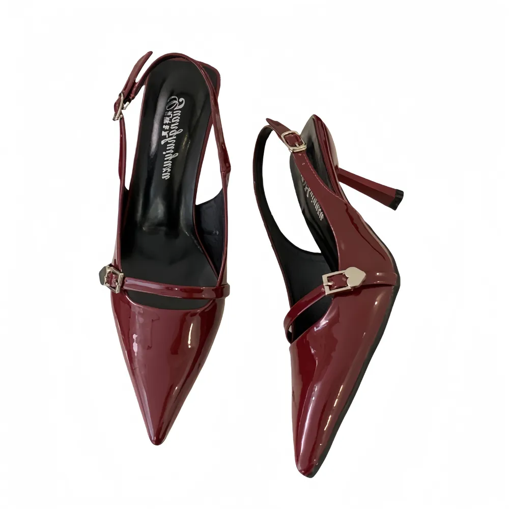 Sandales femme à talons hauts, bout pointu fermé, arrière ouvert, noir/bordeaux