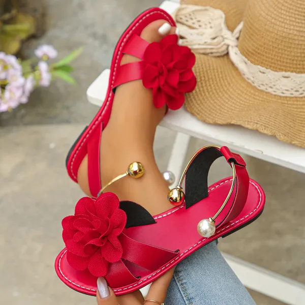 Sandales plates à enfiler à perles et fleurs pour femme, grande taille
