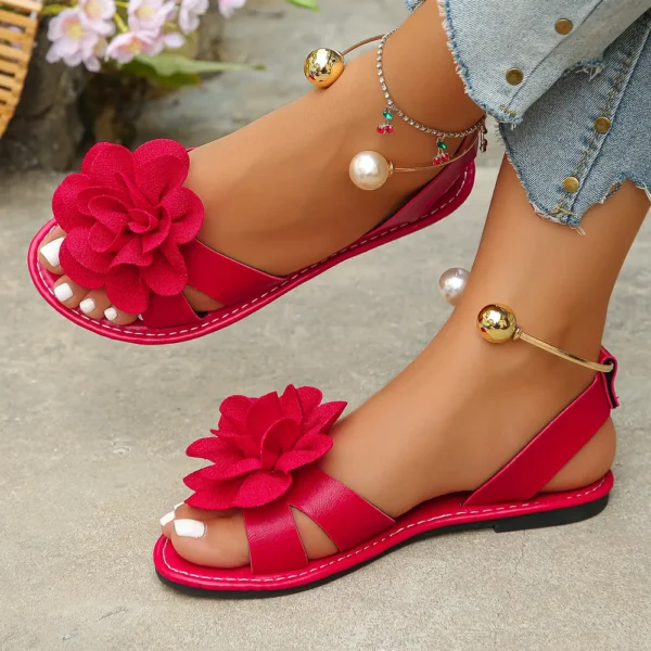 Sandales plates à enfiler à perles et fleurs pour femme, grande taille