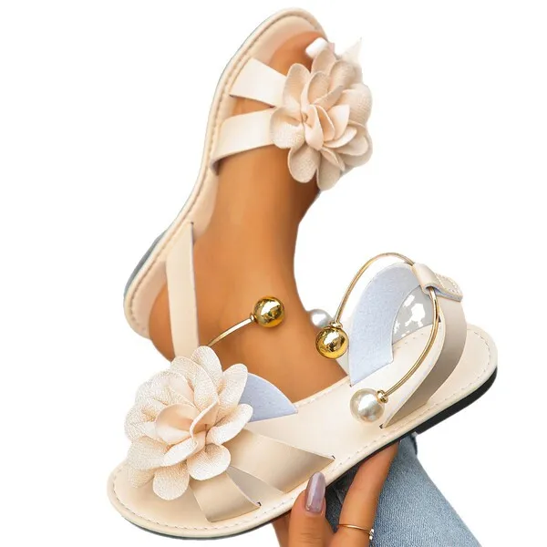 Sandales plates à enfiler à perles et fleurs pour femme, grande taille
