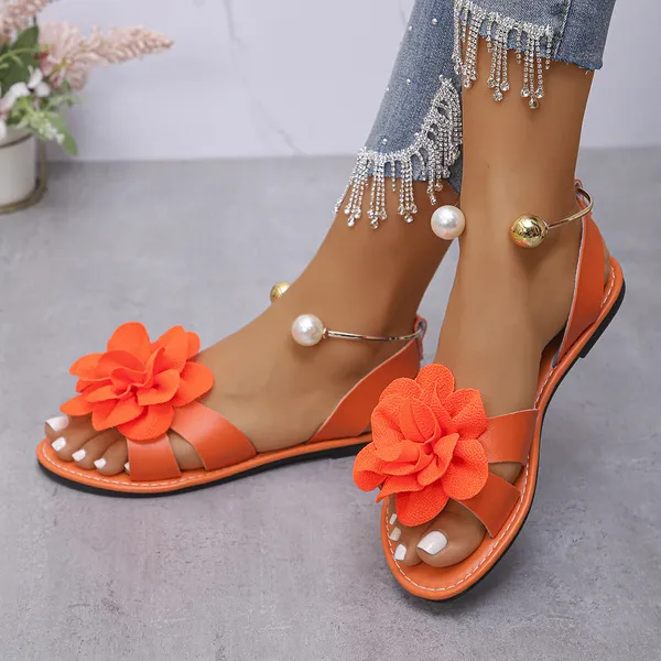 Sandales plates à enfiler à perles et fleurs pour femme, grande taille