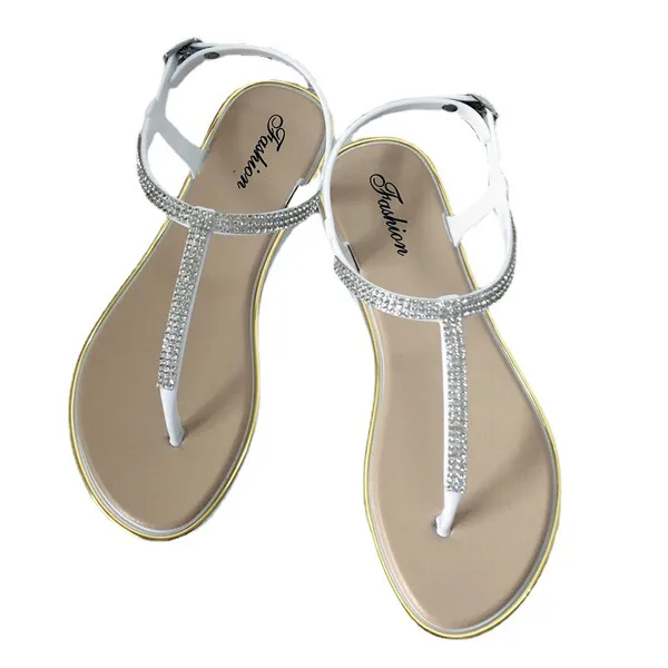 Sandales plates à strass pour femme, style romain, semelle antidérapante