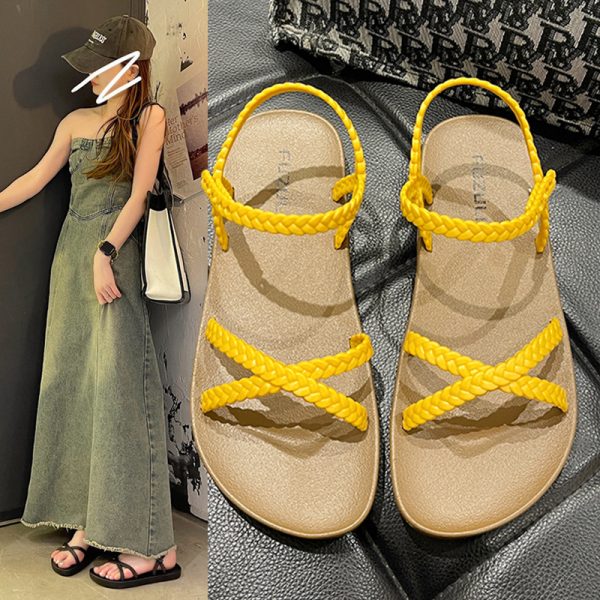Sandales plates d'été à bout ouvert femme, style coréen, légères et confortables