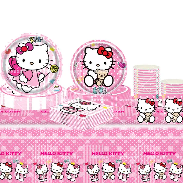 Vaisselle jetable Hello Kitty en papier pour fête, assiettes et nappe