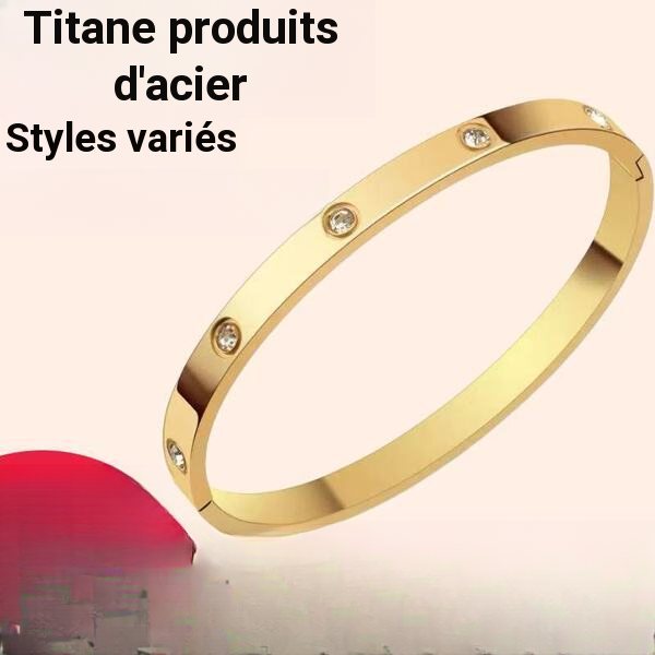 Bracelet femme acier inoxydable plaqué strass, finitions doré, argent, or rose