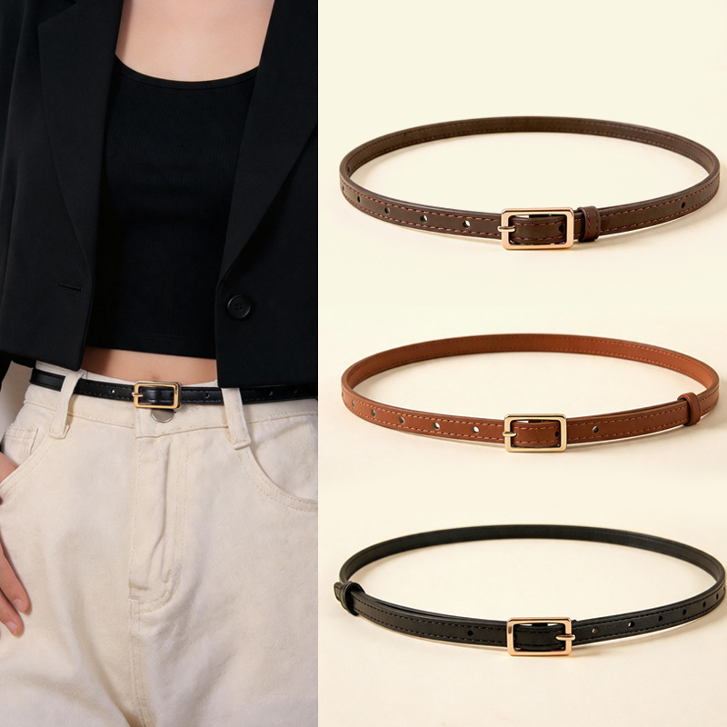 Ceinture fine en PU à boucle dorée pour femme, style élégant et décontracté