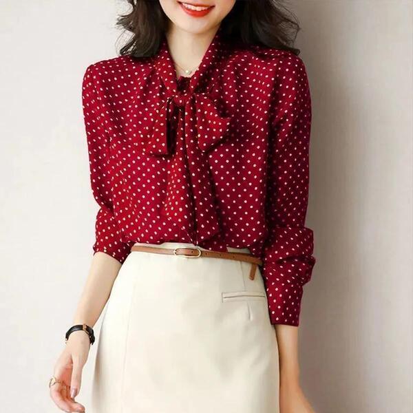 Chemise cardigan femme à pois, col V noué, manches longues