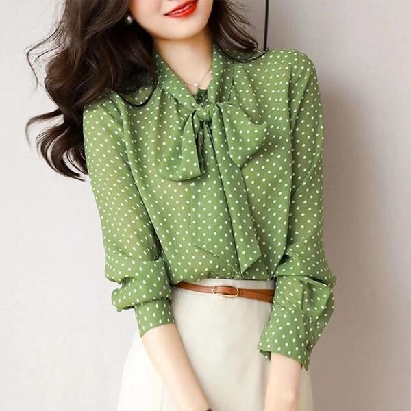 Chemise cardigan femme à pois, col V noué, manches longues