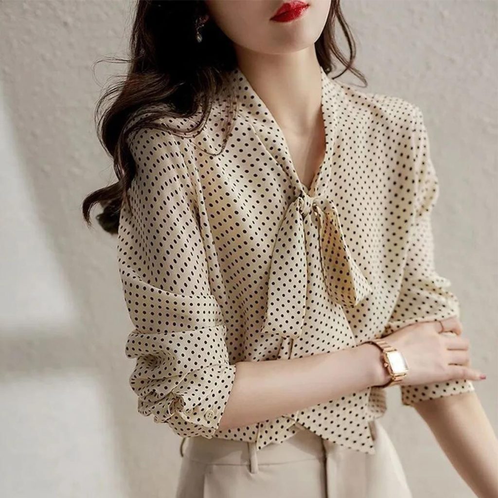 Chemise cardigan femme à pois, col V noué, manches longues