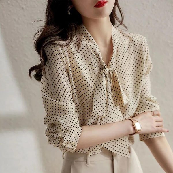 Chemise cardigan femme à pois, col V noué, manches longues