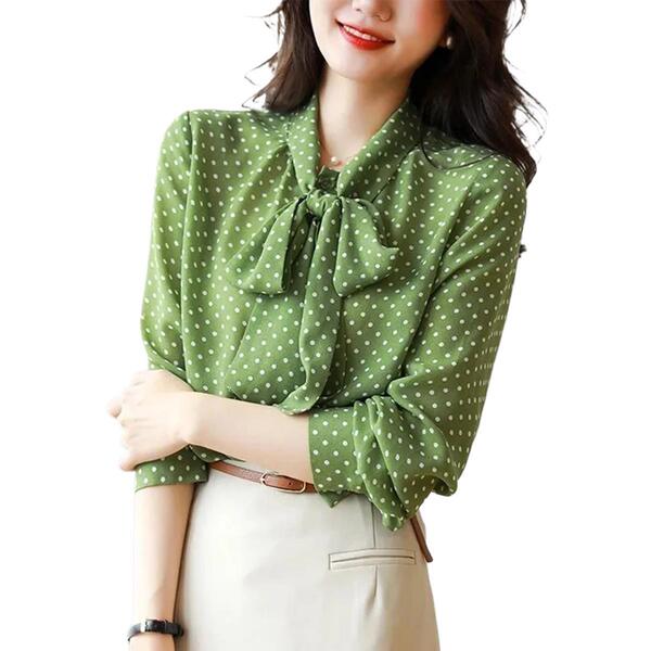 Chemise cardigan femme à pois, col V noué, manches longues