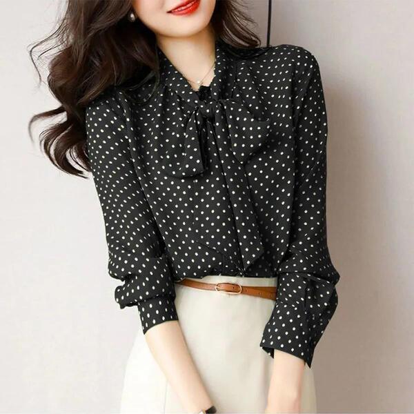 Chemise cardigan femme à pois, col V noué, manches longues