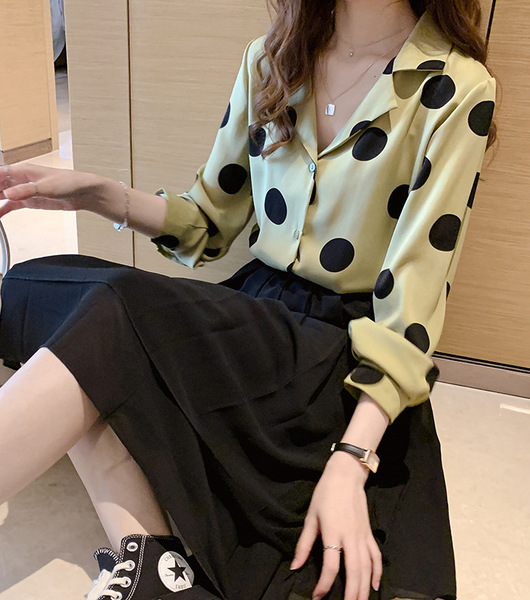 Chemise femme à pois manches longues col rabattu style rétro