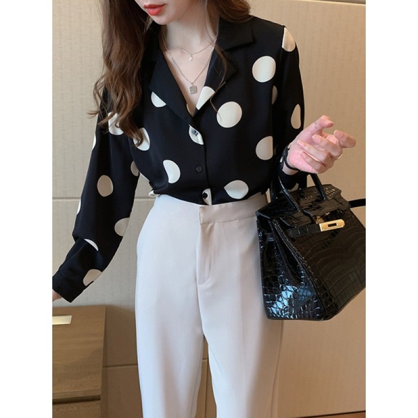 Chemise femme à pois manches longues col rabattu style rétro