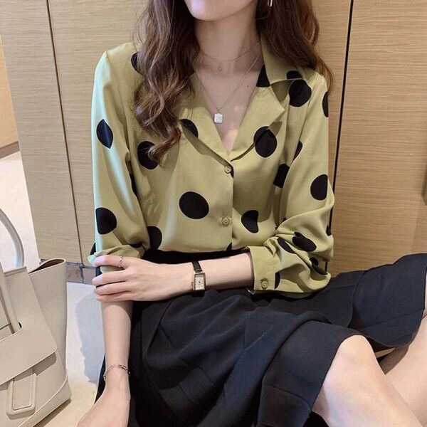 Chemise femme à pois manches longues col rabattu style rétro