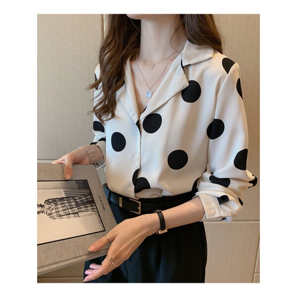 Chemise femme à pois manches longues col rabattu style rétro