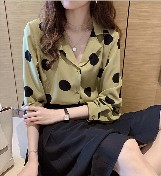 Chemise femme à pois manches longues col rabattu style rétro