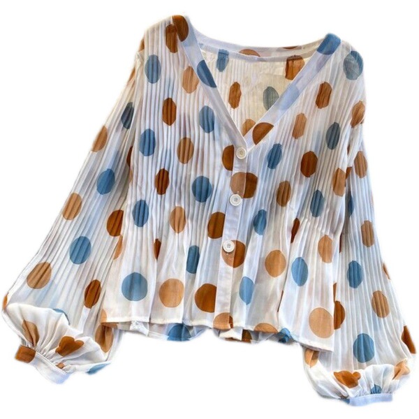 Chemise femme à pois plissée col V manches longues protection solaire