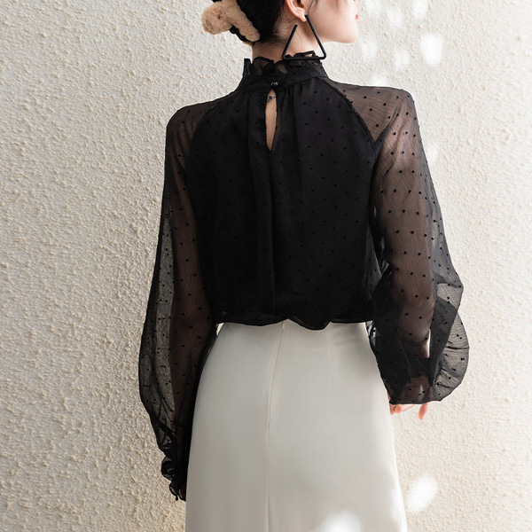 Chemise mousseline femme à manches longues, col volanté, coupe oversize
