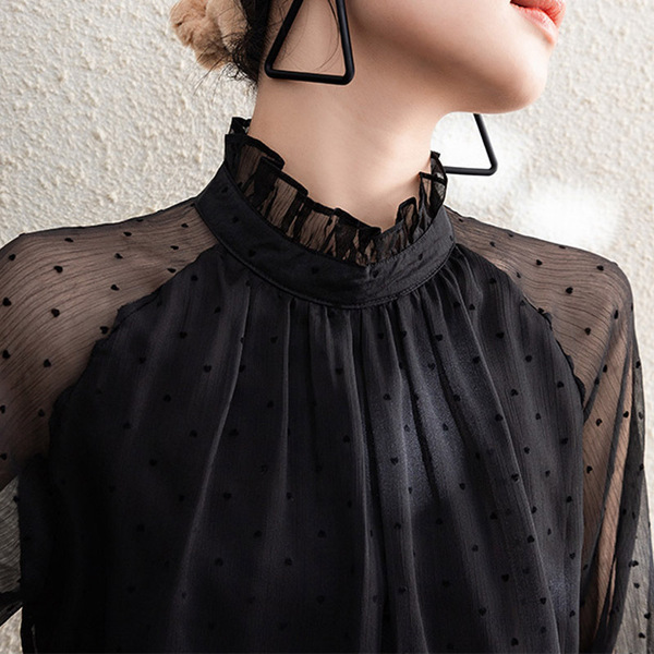 Chemise mousseline femme à manches longues, col volanté, coupe oversize