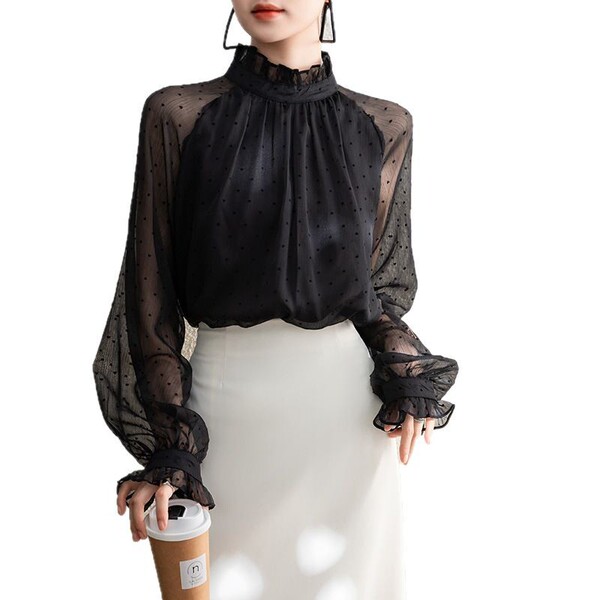 Chemise mousseline femme à manches longues, col volanté, coupe oversize