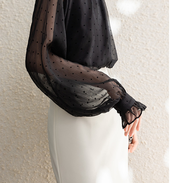 Chemise mousseline femme à manches longues, col volanté, coupe oversize